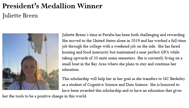 President's Medallion Winner - Juliette Breen