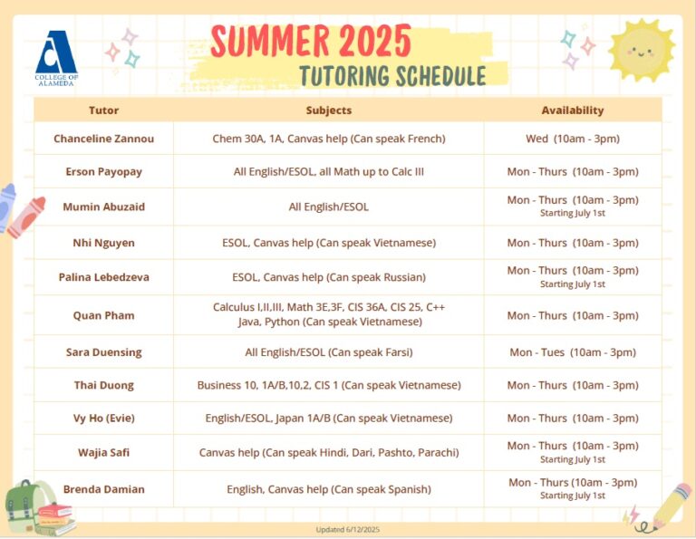 Summer Tutoring Schedule